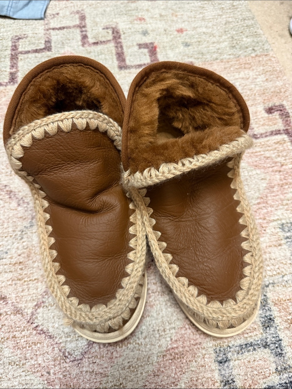 Mou Brown Moccasin Booties with Cream Braid Trim